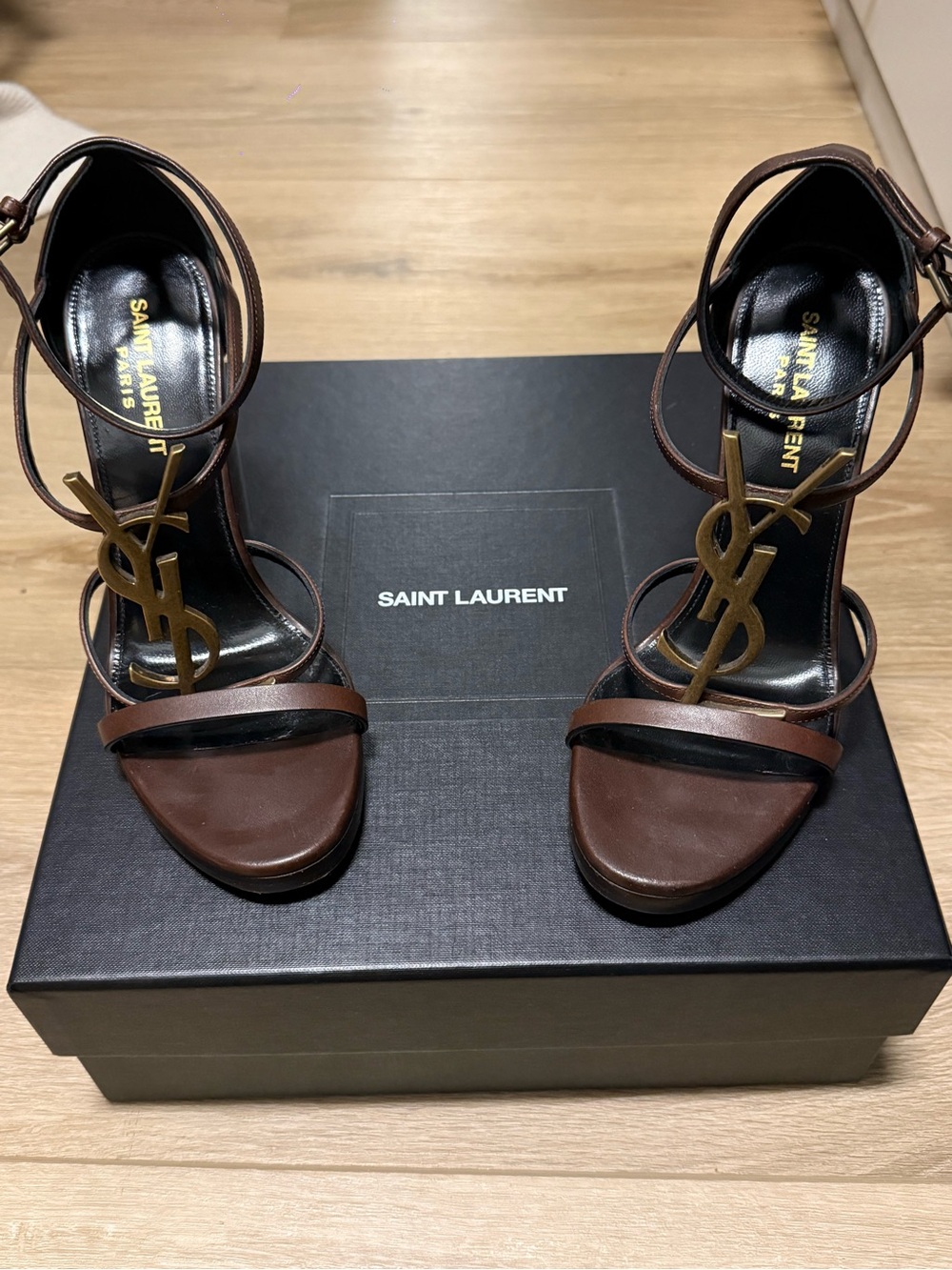 Saint Laurent Brown Casandra YSL Logo Leather Ankle-Strap wedges